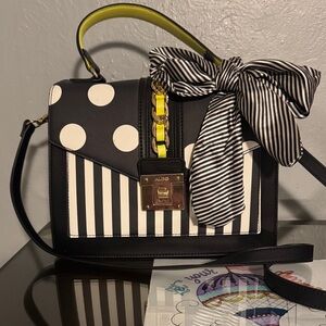 Aldo Black and White Satchel with Yellow Handle
